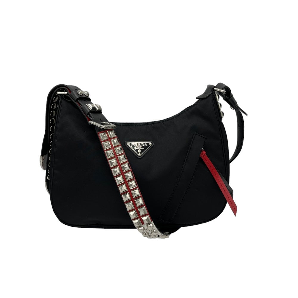 Prada Schultertasche / Handtasche schwarz mit Nieten & schwarz-rotem Lederband